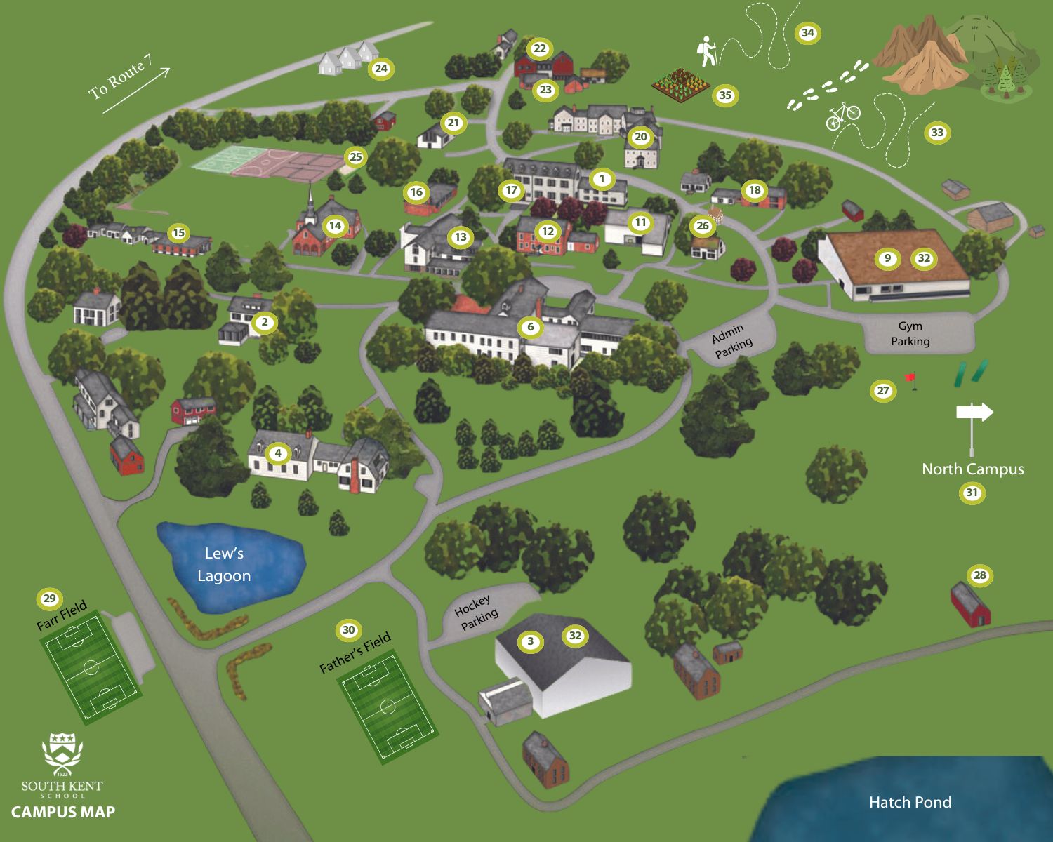 Illustrated South Kent School campus map. An accessible linked directory follows the map.